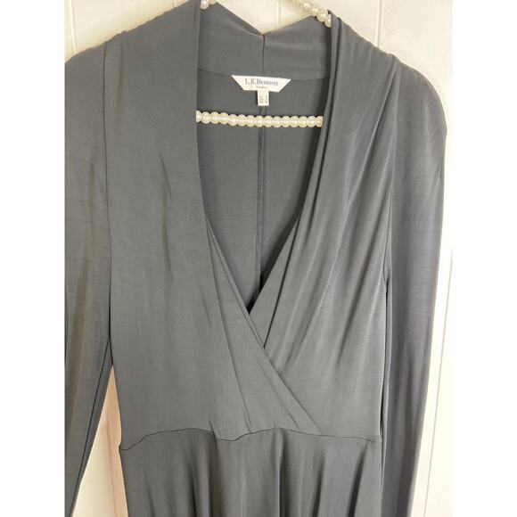 L.K.Bennett London Black Faux Wrap Asymmetrical Hem Long Sleeve Midi Dress SZ 10 - Picture 5 of 9